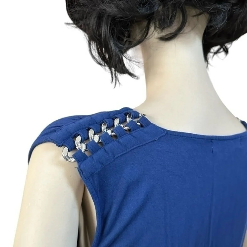 Michael Kors Womens Blue Cowl Neck Sleeveless Top M Silver Chain Shoulder VG